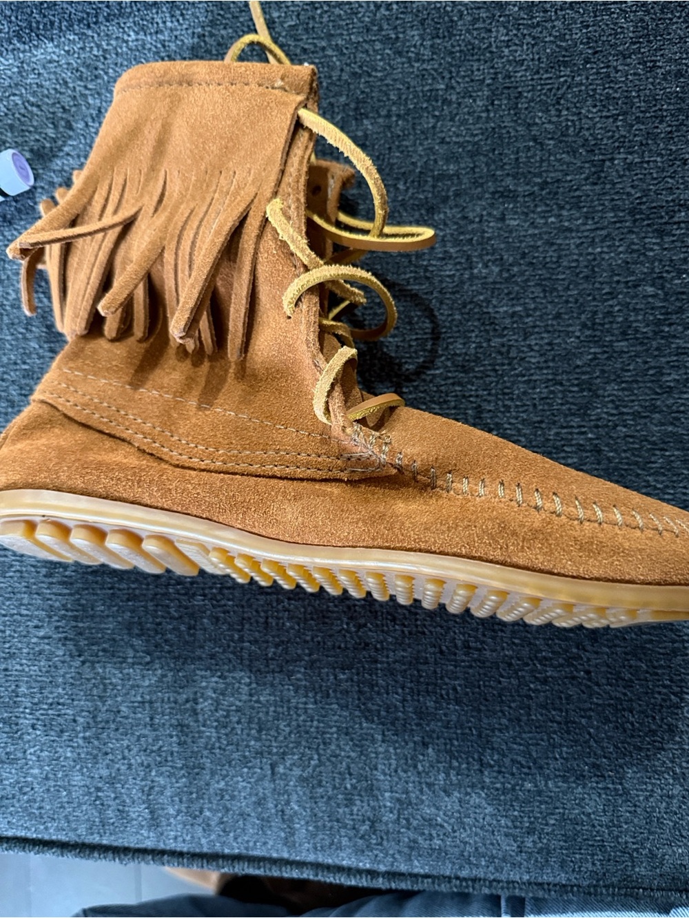 Minnetonka Tramper Ankle Brown Suede Ankle Moccasins with Fringe